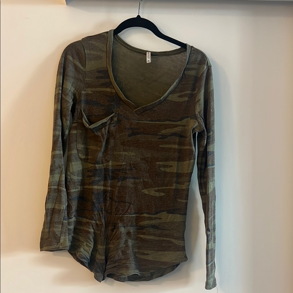 Z Supply Olive Camouflage V-Neck Long Sleeve Top